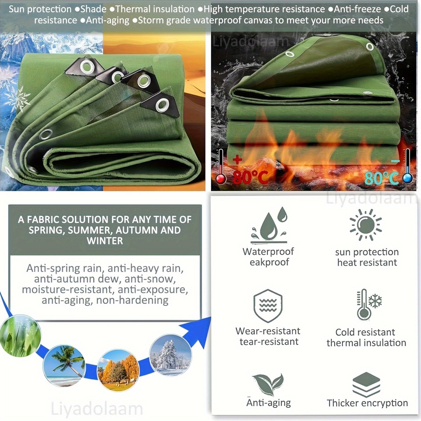 Heavy Duty Waterproof Canvas Tarp Tarpaulin Sun Blocked Dustproof Army 4 Size: 2X3M, 3X3M, 3X4M, 4X6M, 10M Rope Free Bonus