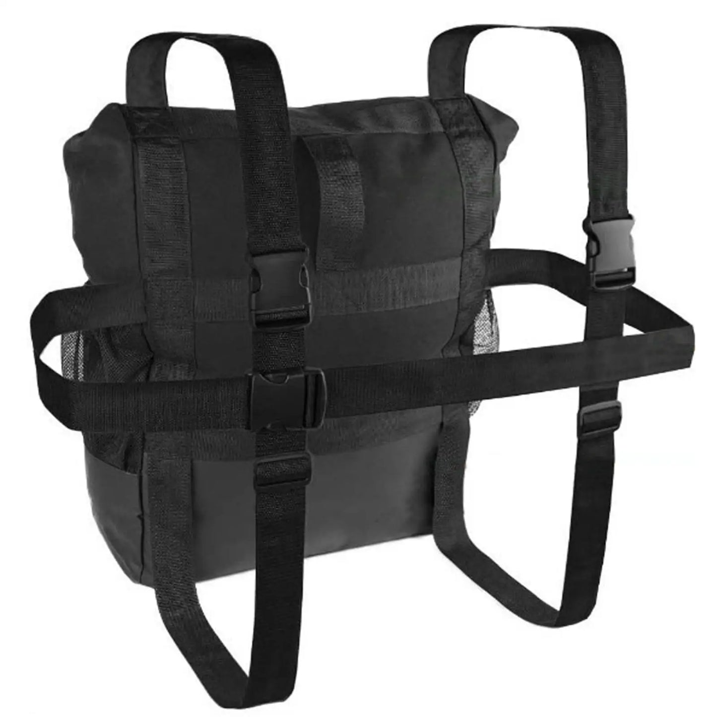 Black tactical harness on a white background
