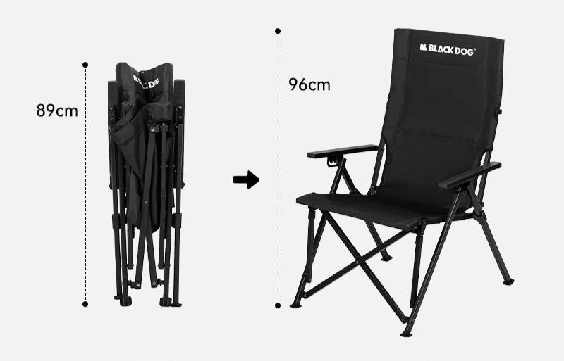 Black folding chair with dimensions labeled on a white background