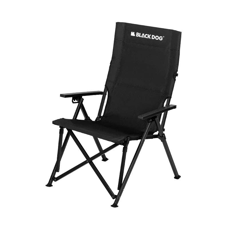 Black folding chair with 'Black Dog' branding on a white background