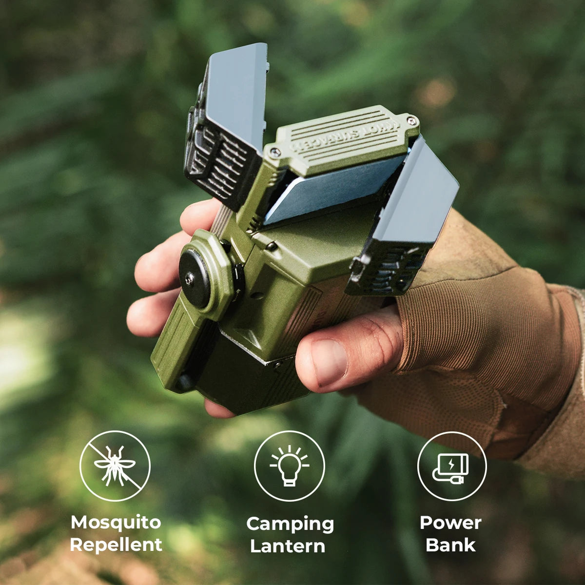 Hand holding a multi-functional device with mosquito repellent, camping lantern, and power bank features against a natural background.