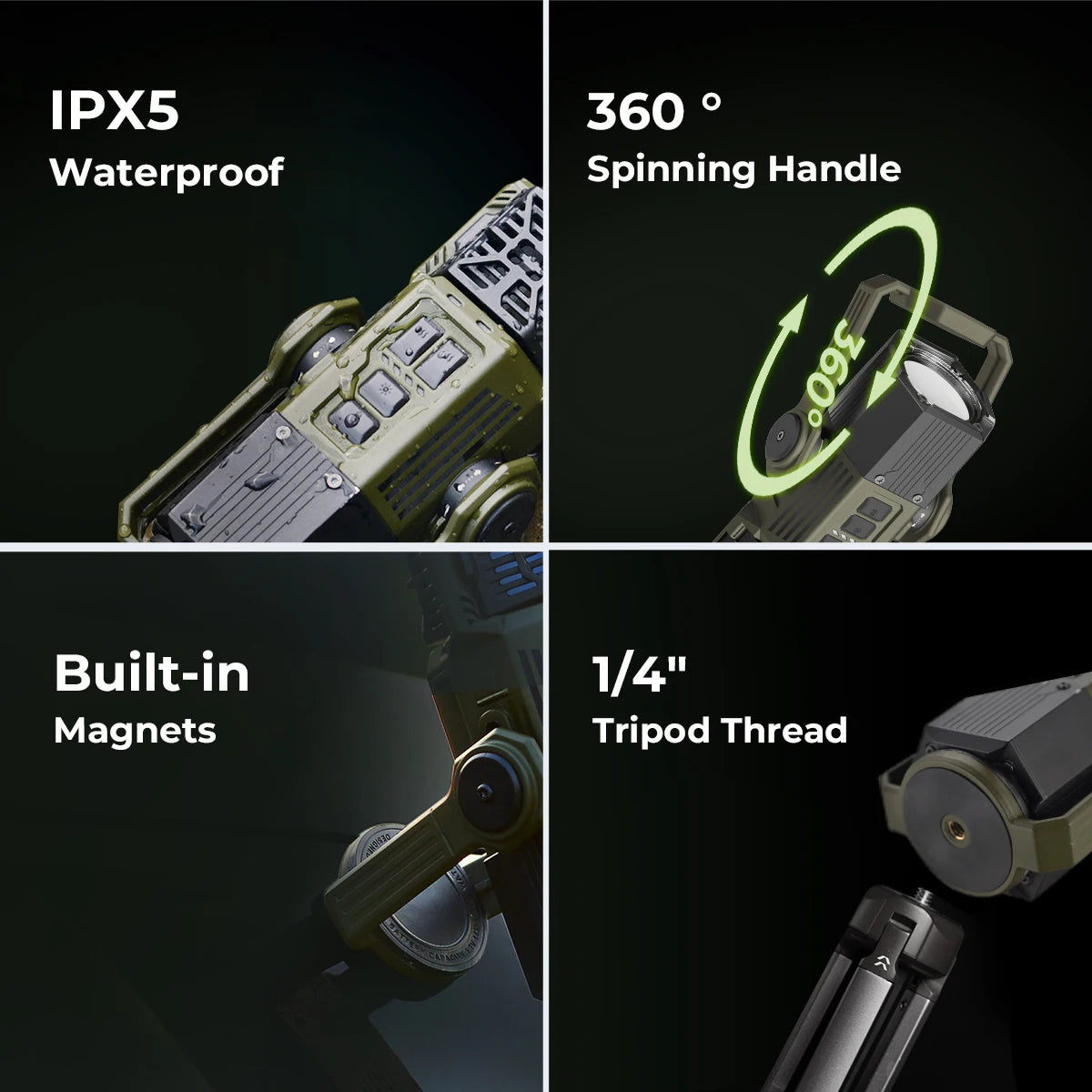 Product features including IPX5 waterproof, 360° spinning handle, built-in magnets, and 1/4" tripod thread on a dark background.