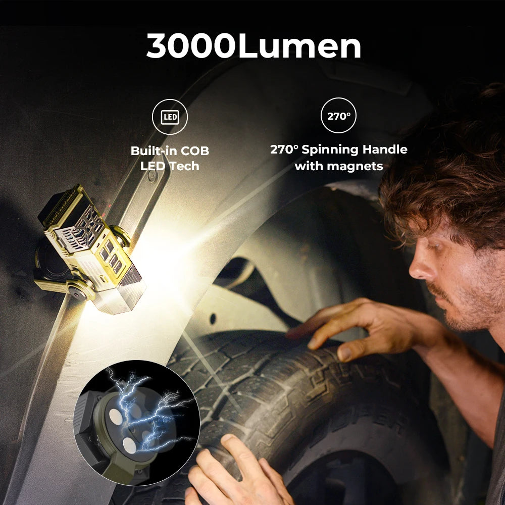 Person using a tire pressure gauge with a flashlight on a dark background, highlighting features like 3000 lumen light and 270-degree spinning handle.