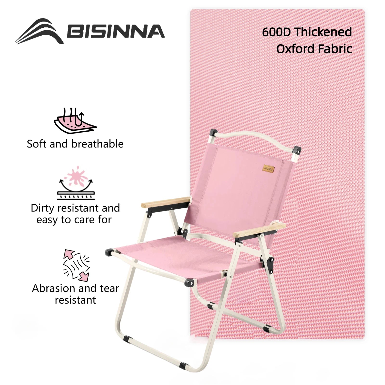 Pink camping chair with features listed on a white background