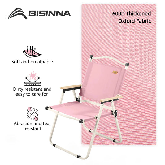 Pink camping chair with features listed on a white background