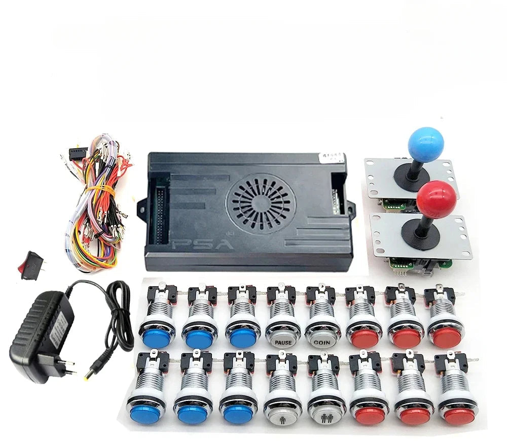 Gaming controller kit with joystick, buttons, and power supply on a white background