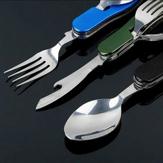 Foldable Stainless Steel Camping Utensil Set – 4-in-1 Knife, Fork, Spoon & Bottle Opener