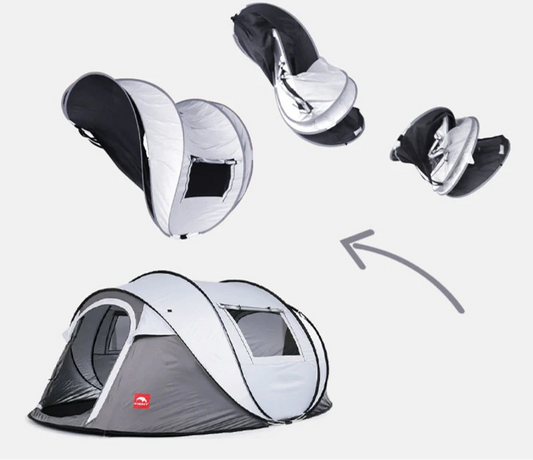 Camping tent with components labeled 'Open in One Second' on a white background