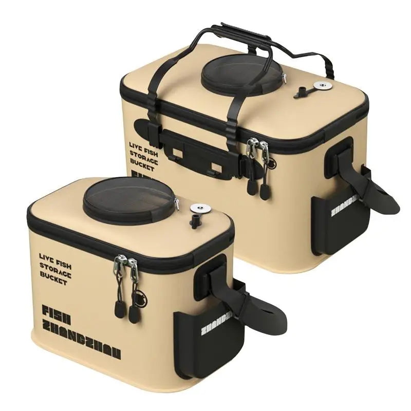 Foldable live fish bucket with ergonomic handle and zipper cover for fishing and camping.