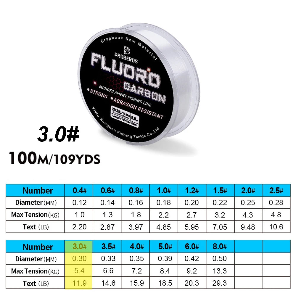 PROBEROS 100M Fishing Line 2.2LB-29.3LB Carbon Fiber Monofilament Line