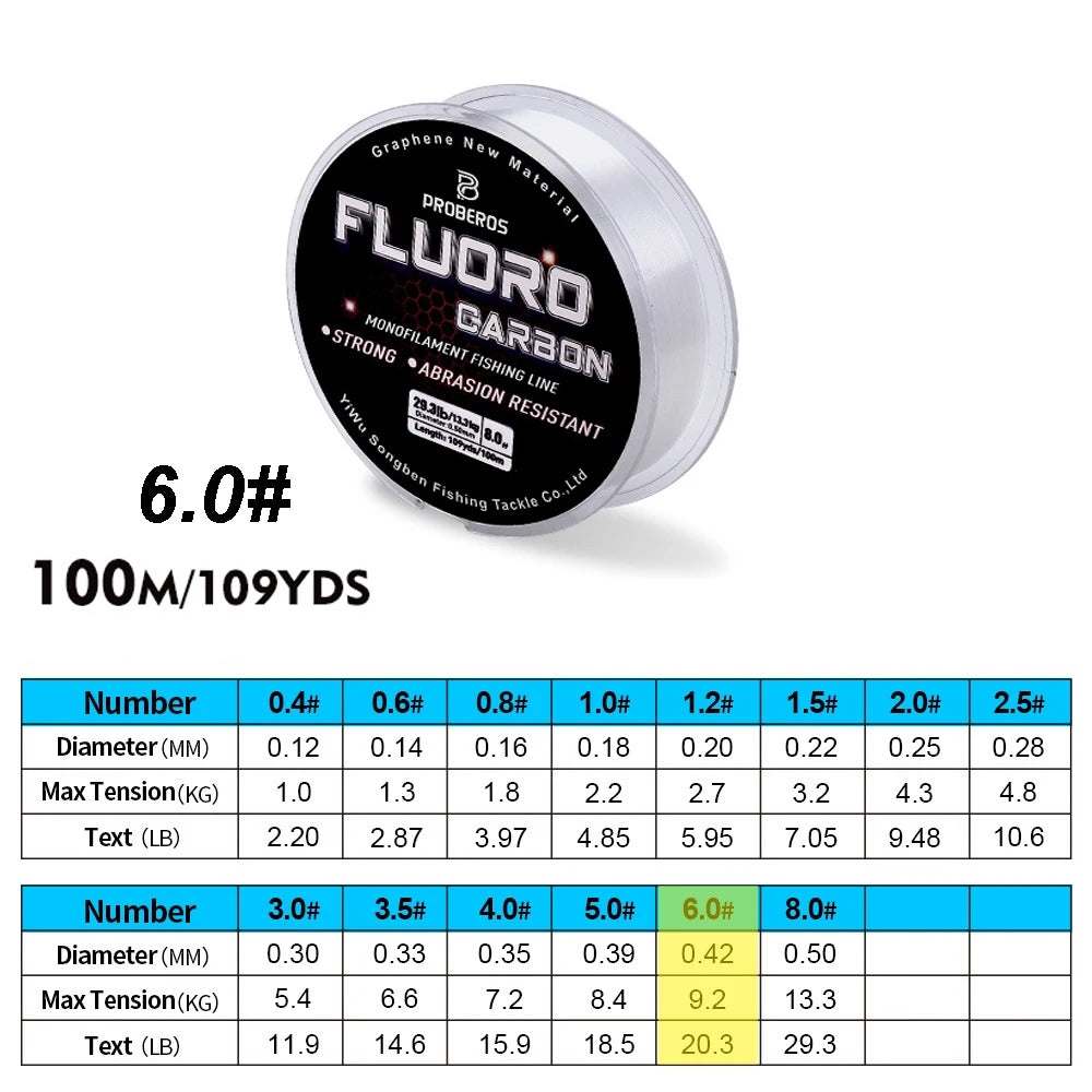 PROBEROS 100M Fishing Line 2.2LB-29.3LB Carbon Fiber Monofilament Line