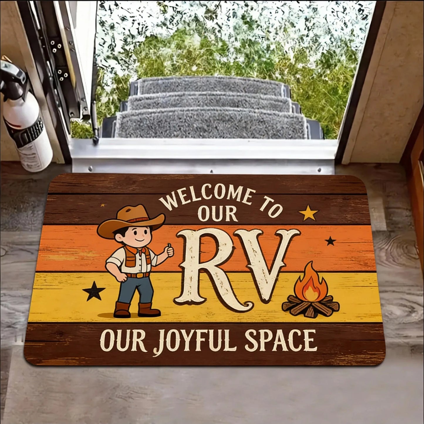 Camper Van Welcome Doormat – Non-Slip Flannel RV Mat with Trees Design
