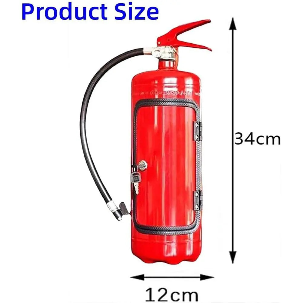 Red fire extinguisher with measurements on a white background