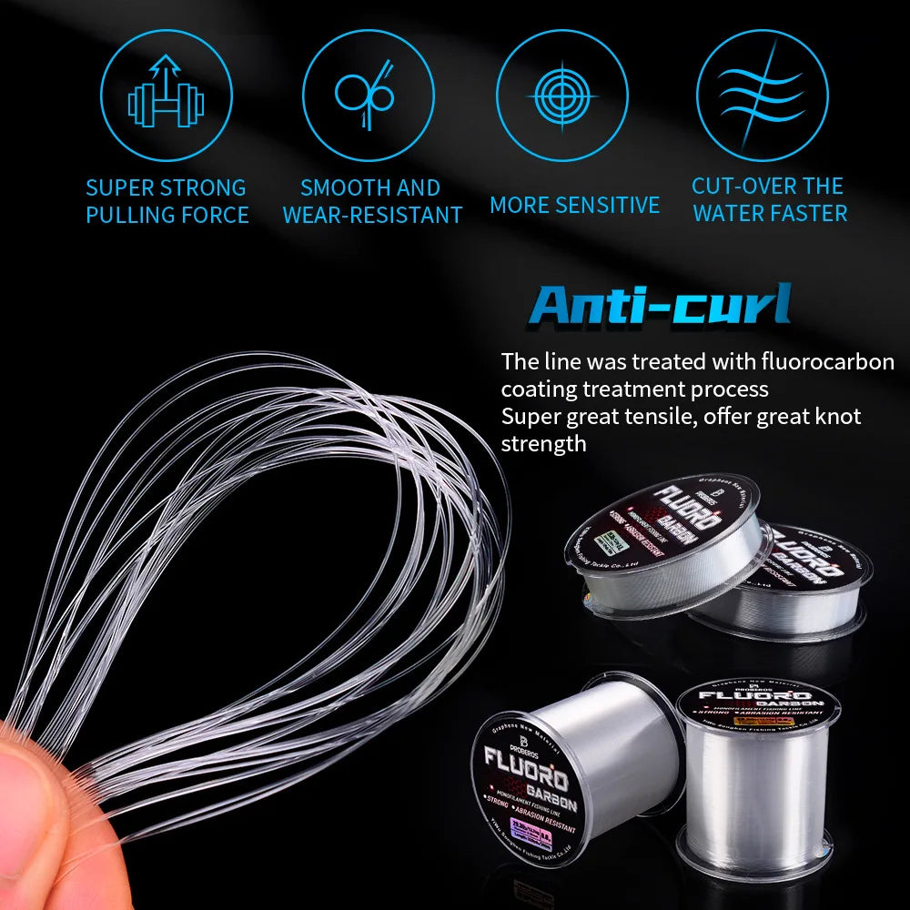 Fishing line with FLUGRO branding on spools against a black background