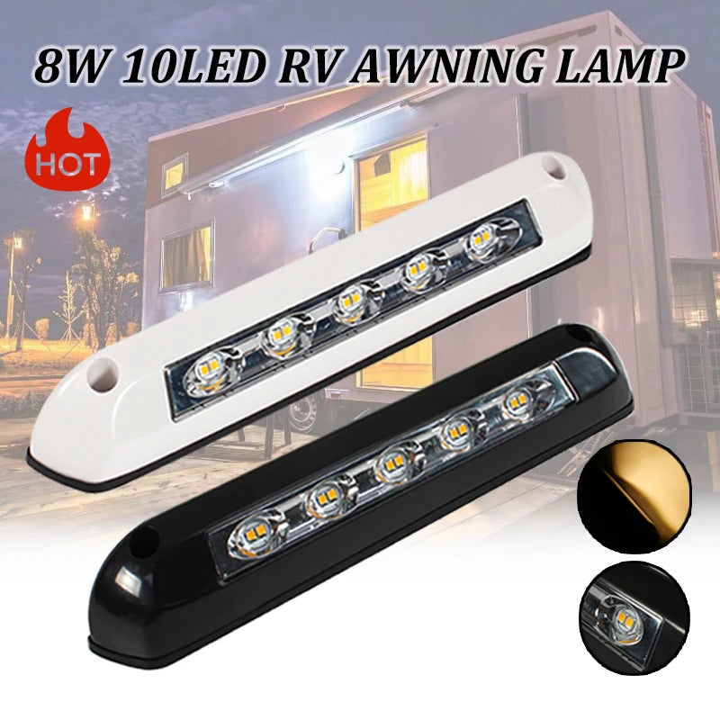 8W 10LED RV Awning Lamp with black and white options on a blurred background
