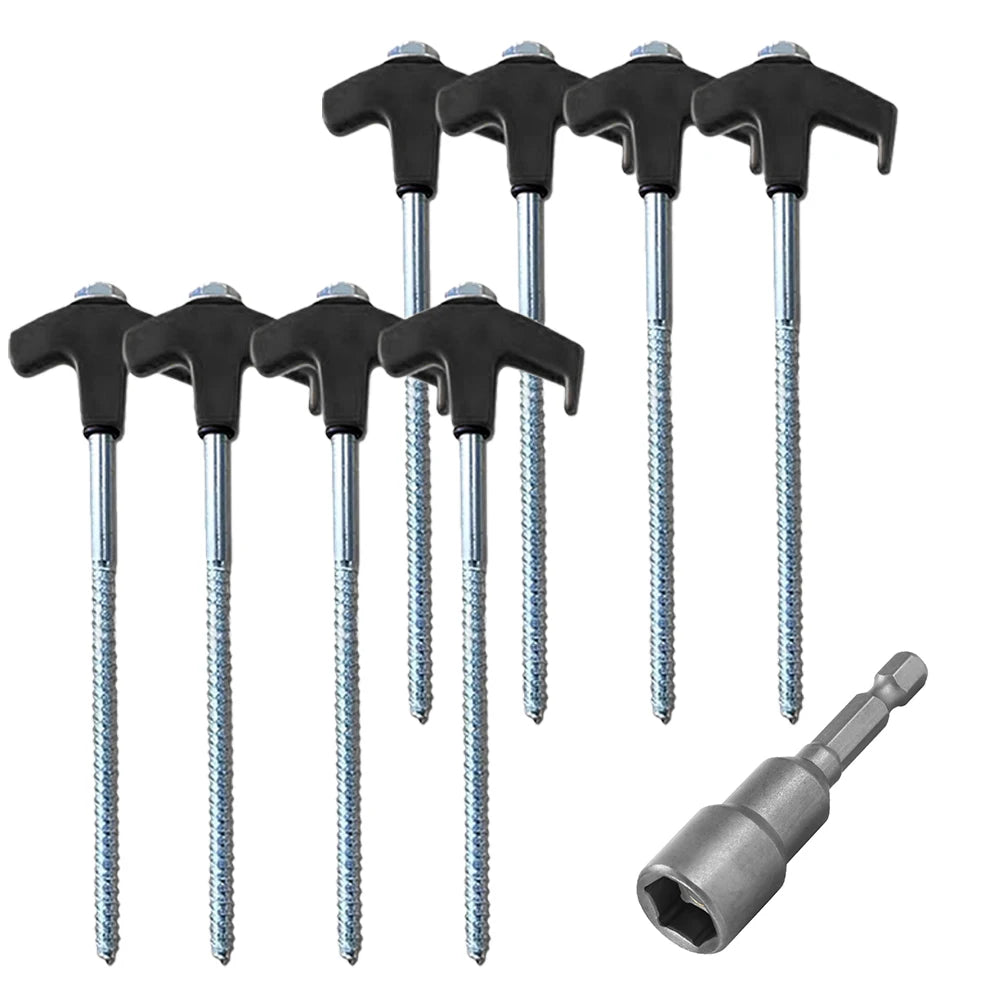 Set of screws with black handles and a drill bit on a white background