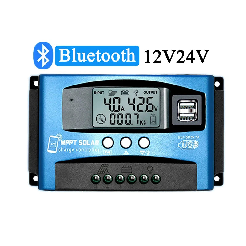 Blue solar charge controller with Bluetooth connectivity on a white background