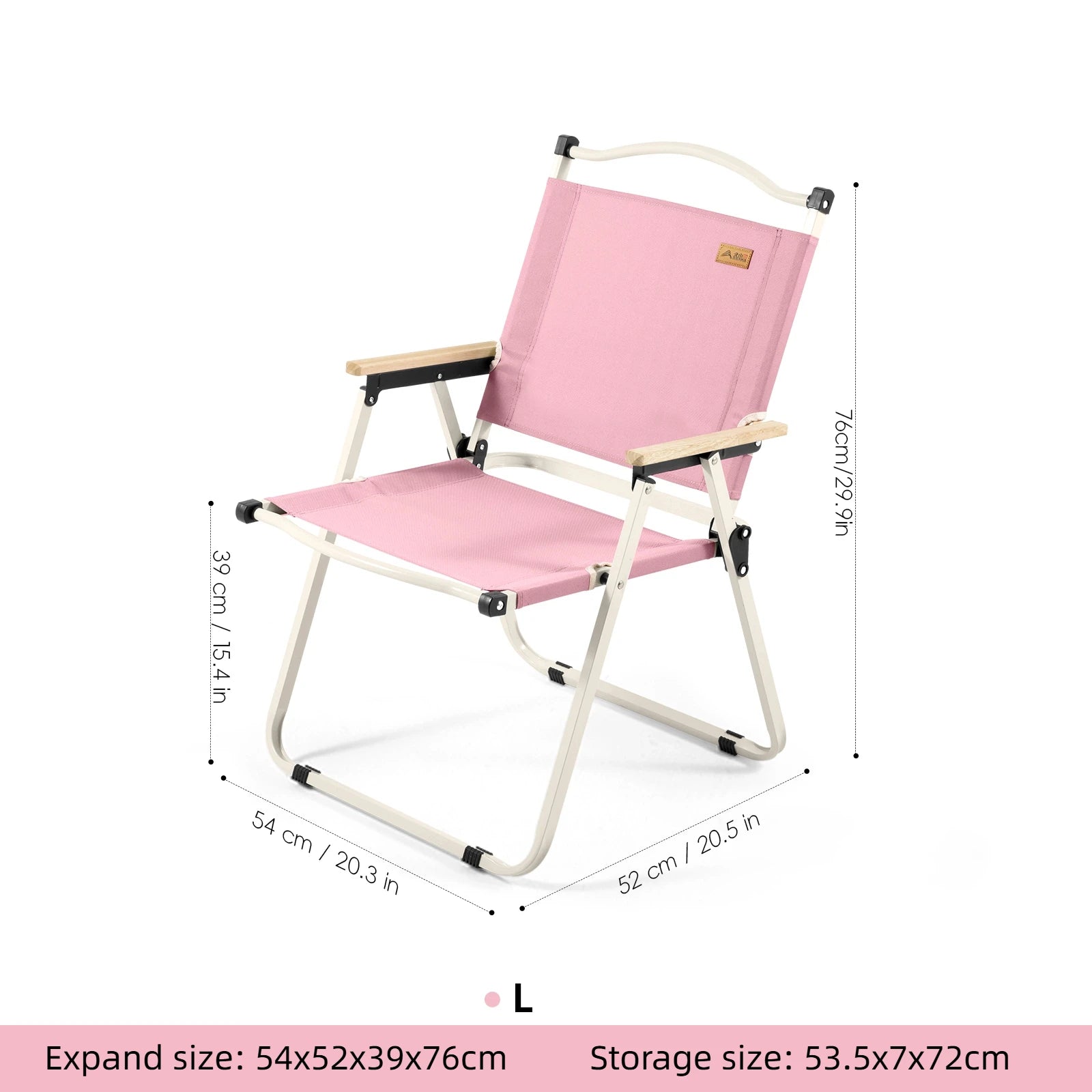 Pink folding chair with dimensions on a white background