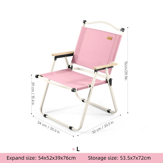 Pink folding chair with dimensions on a white background