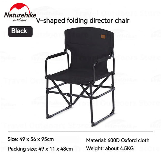 Black V-shaped folding director chair with Naturehike logo on a white background