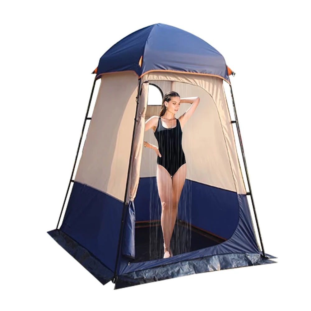 Portable shower tent with a woman inside on a white background