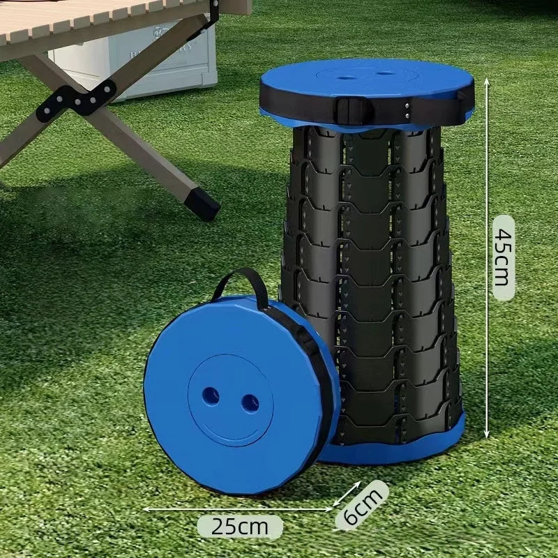 Collapsible stool with carrying case on grass, showing measurements.