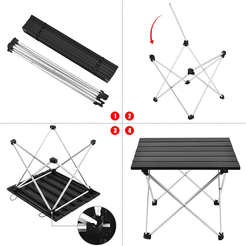 Collapsible camping table with assembly instructions on a white background