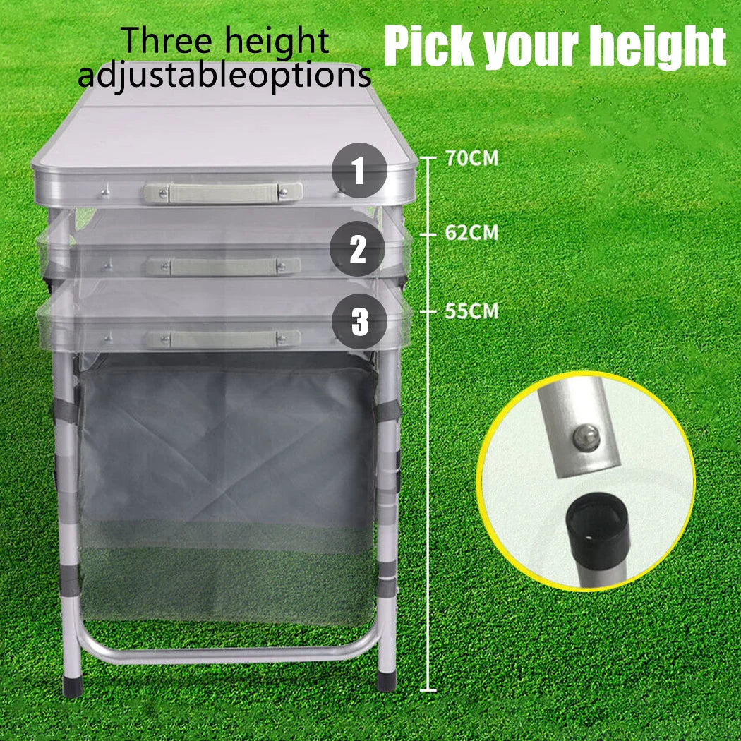 Three height adjustable trash cans with measurement details on a green grass background