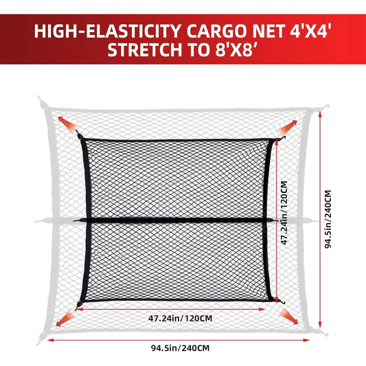 High-elasticity cargo net with dimensions on a white background