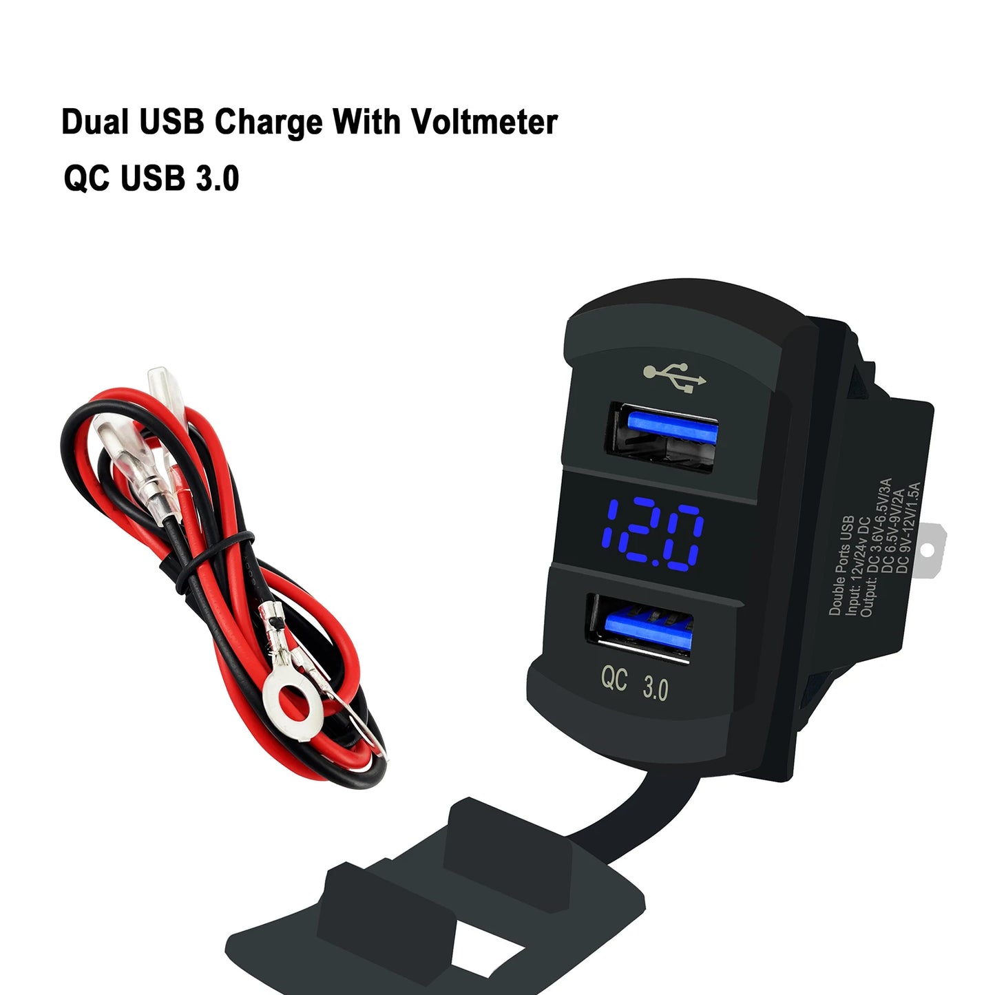 Dual USB charger with voltmeter and QC 3.0 on a white background