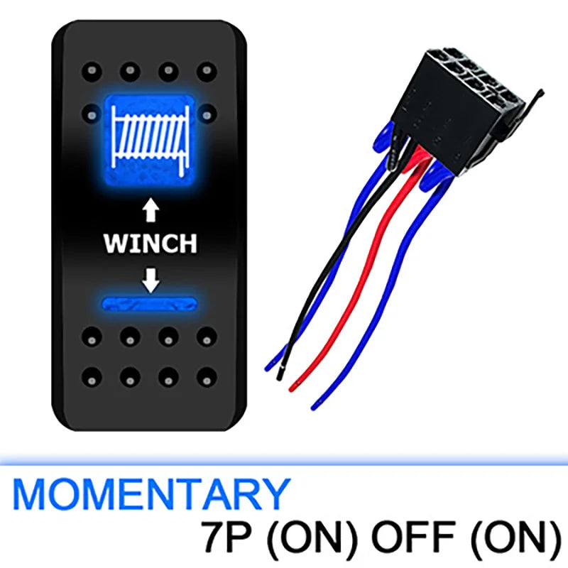Winch control switch with blue LED indicator and wiring harness on a white background