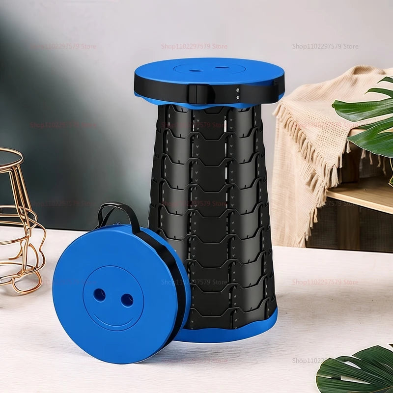 Black and blue stool with textured design on a light surface.