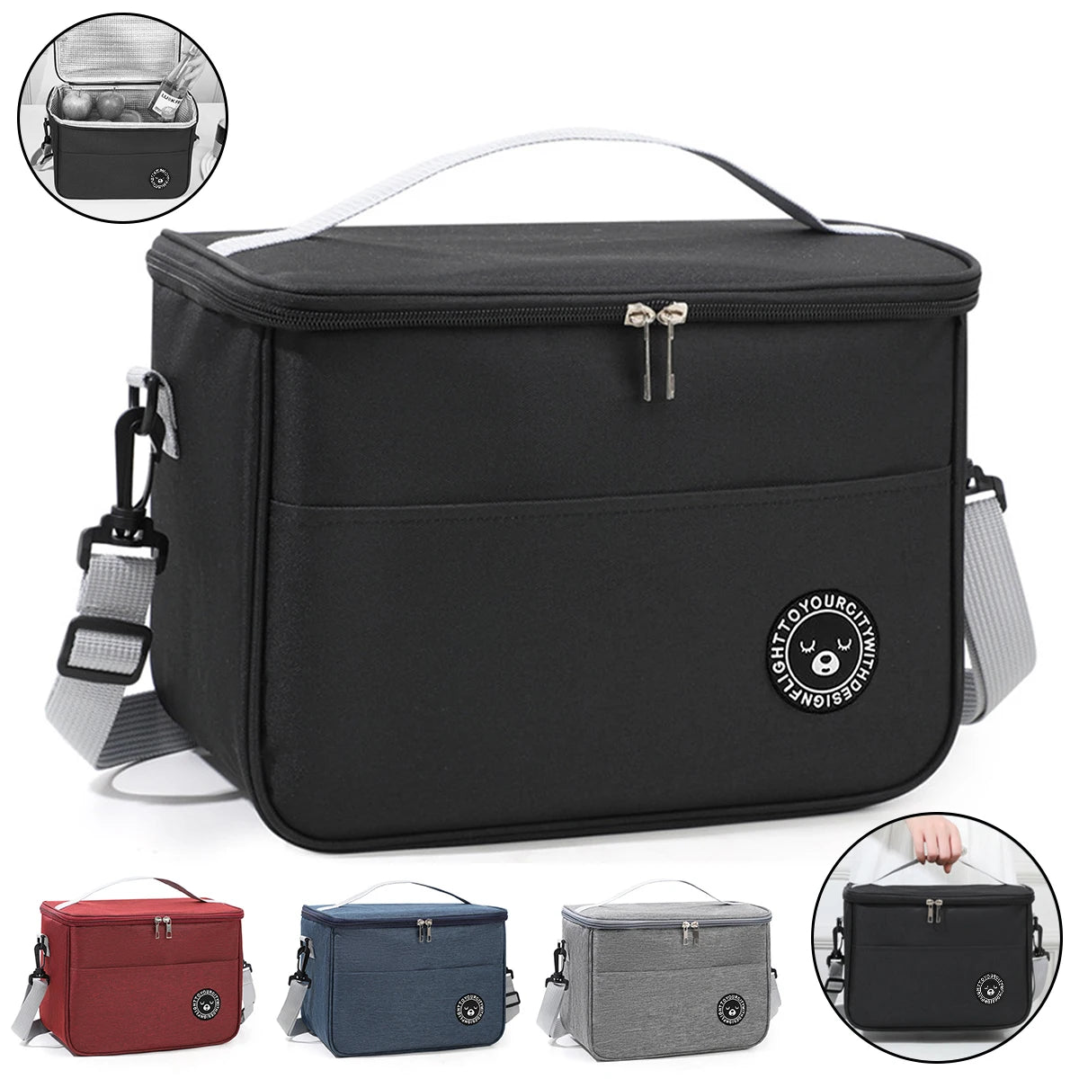 Black insulated cooler bag with a brand logo, shown with additional color options and usage scenarios.