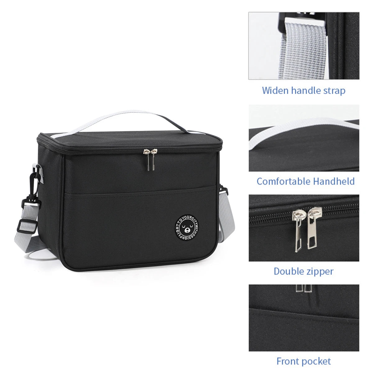 Black insulated lunch bag with handle strap, double zipper, and front pocket on a white background.