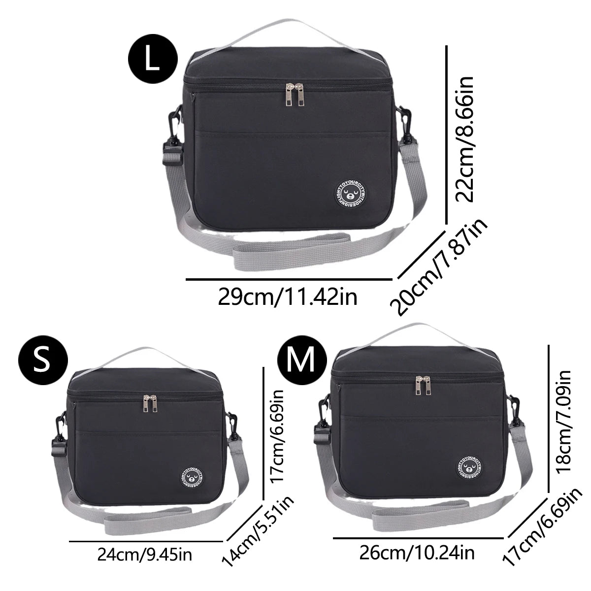 Black shoulder bag with measurements for small, medium, and large sizes on a white background.
