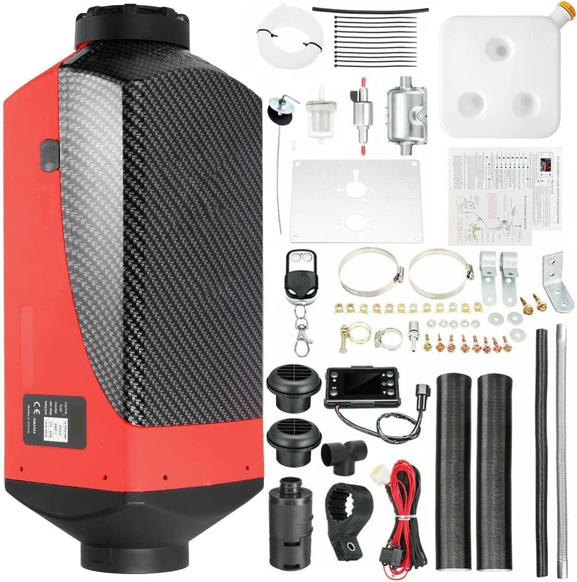 Red and black automotive air filter kit with various components on a white background