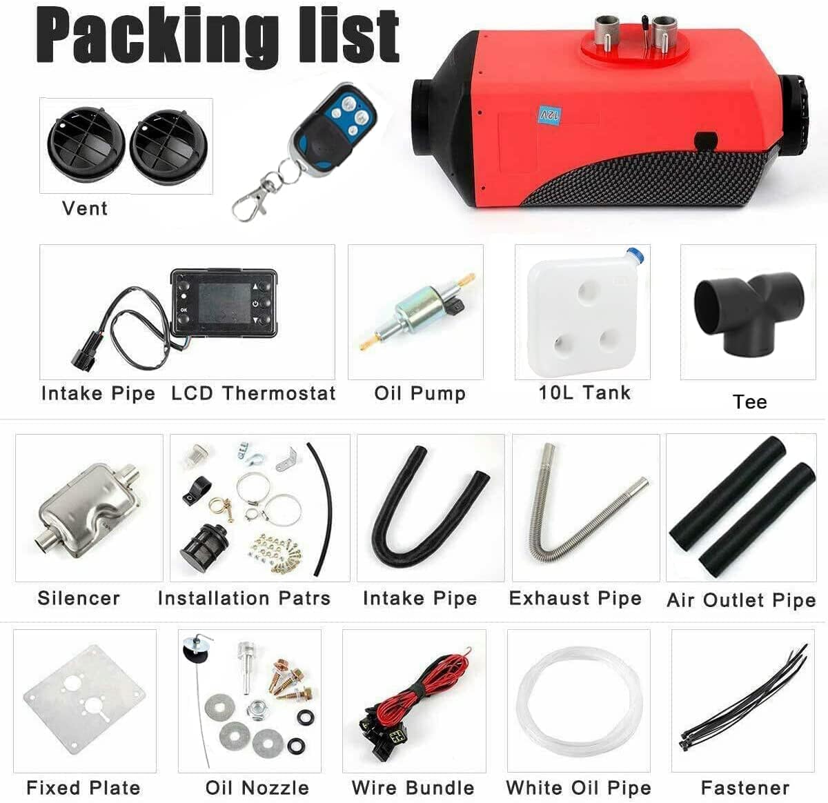 Packing list of components for a small engine or machine, including a red and black unit, vent, intake pipe, LCD thermostat, oil pump, tank, and various other parts.