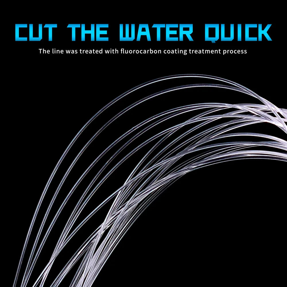 Text 'Cut the Water Quick' with a fluorocarbon coating treatment process on a black background.