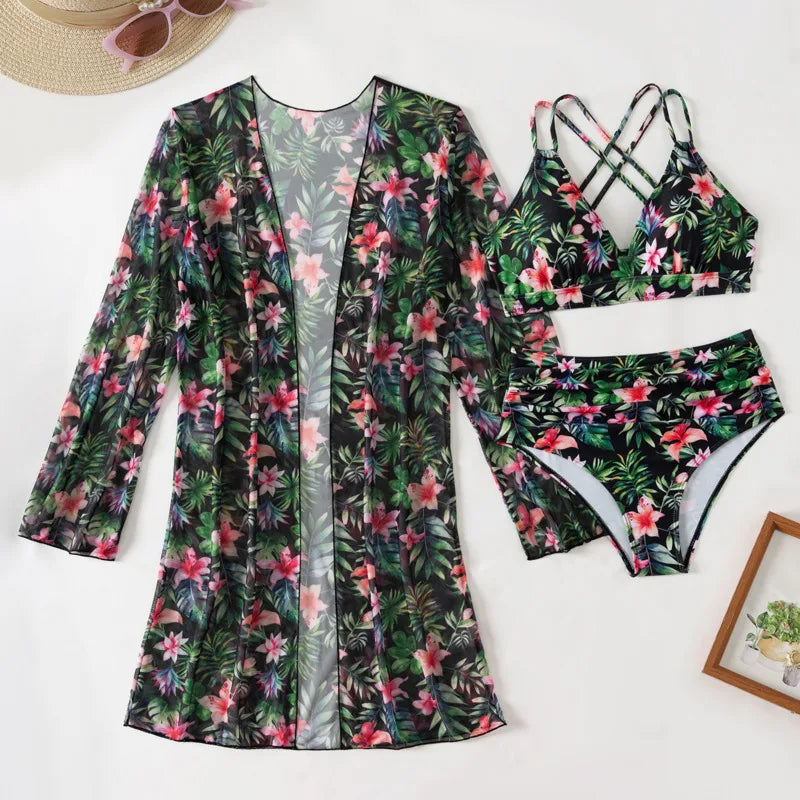 Floral swimsuit set with matching cover-up on a white background