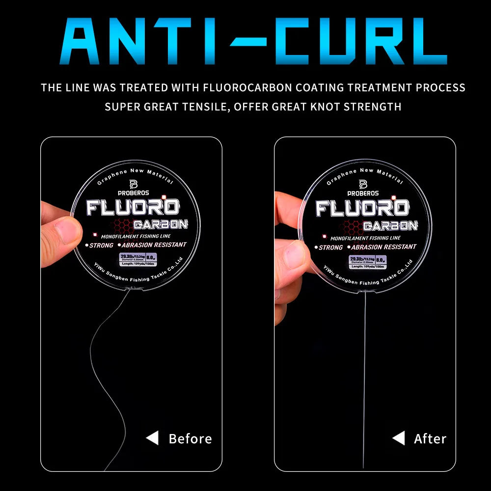 Comparison of Fluoro Carbon fishing line before and after treatment with fluorocarbon coating on a black background.