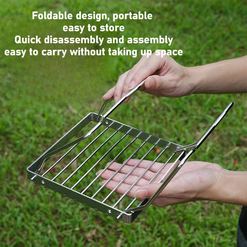 Foldable metal grill rack held by a person with grass background