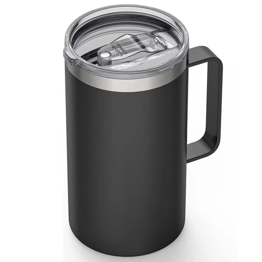 Black insulated mug with a clear lid on a white background