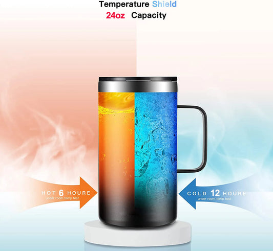 Insulated mug with temperature display showing hot and cold retention times on a gradient background