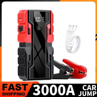 Car jump starter with clamps and cables on a white background