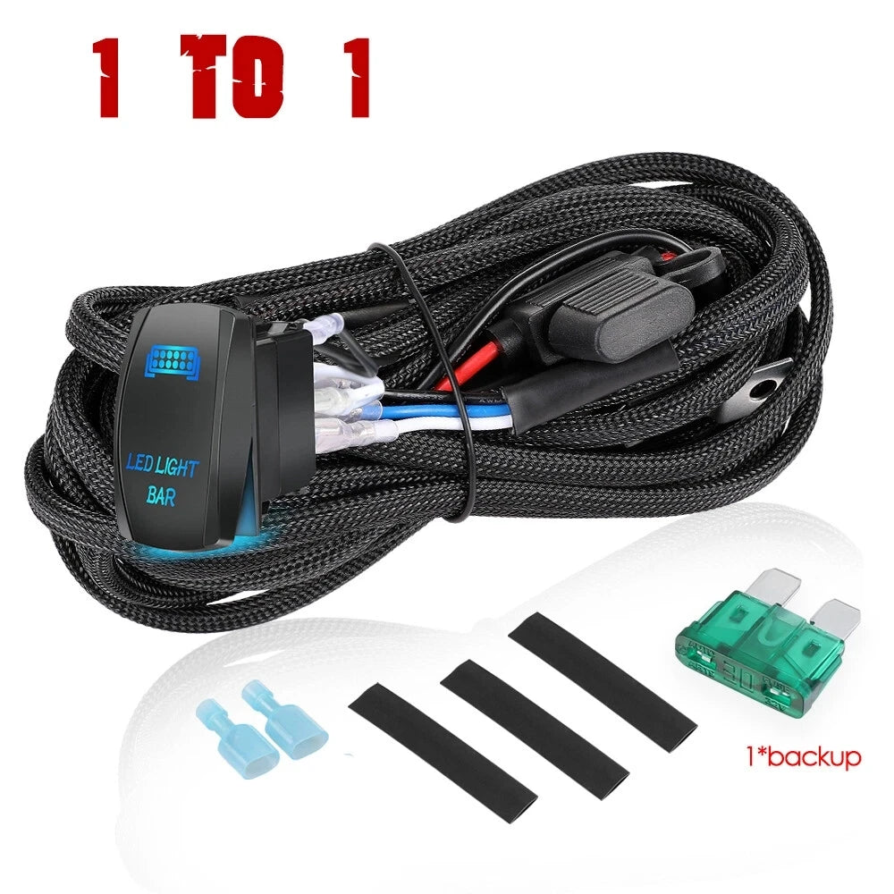 Car light bar wiring harness kit with connectors and fuses on a white background