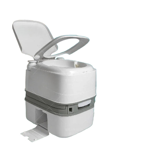 Portable toilet with dimensions and features text on a green and beige background