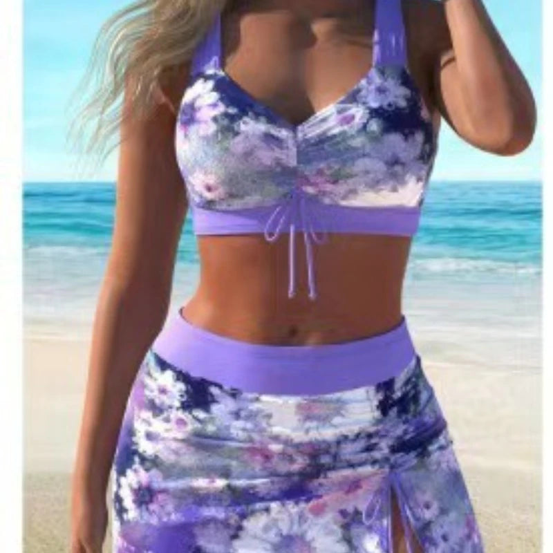 Woman wearing a floral bikini set on a beach