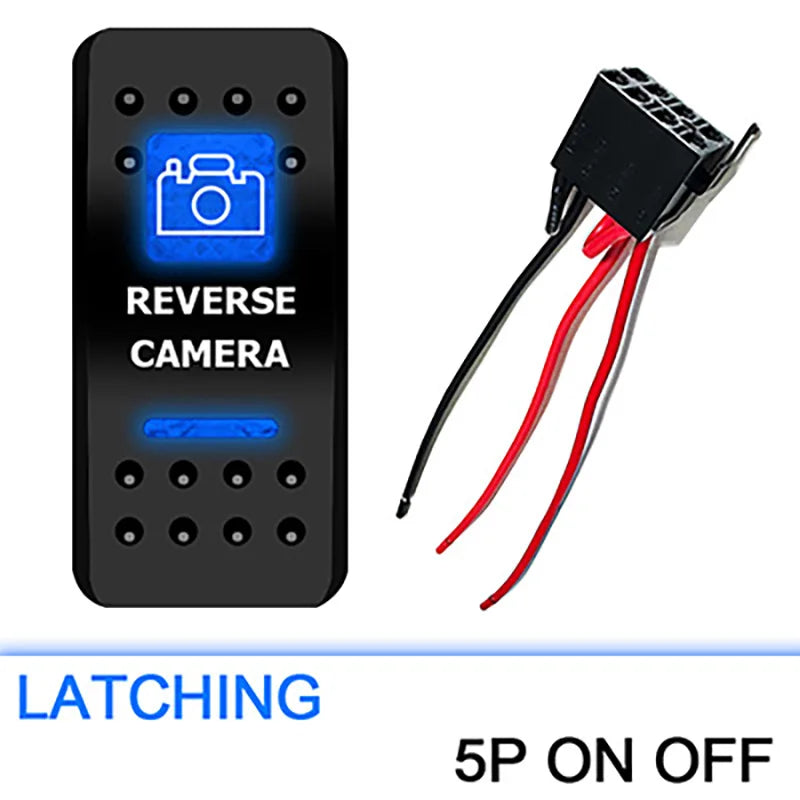 Car reverse camera switch with wiring harness on a white background