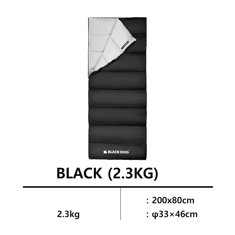 Black sleeping bag with white interior on a white background, featuring the Black Dog brand.