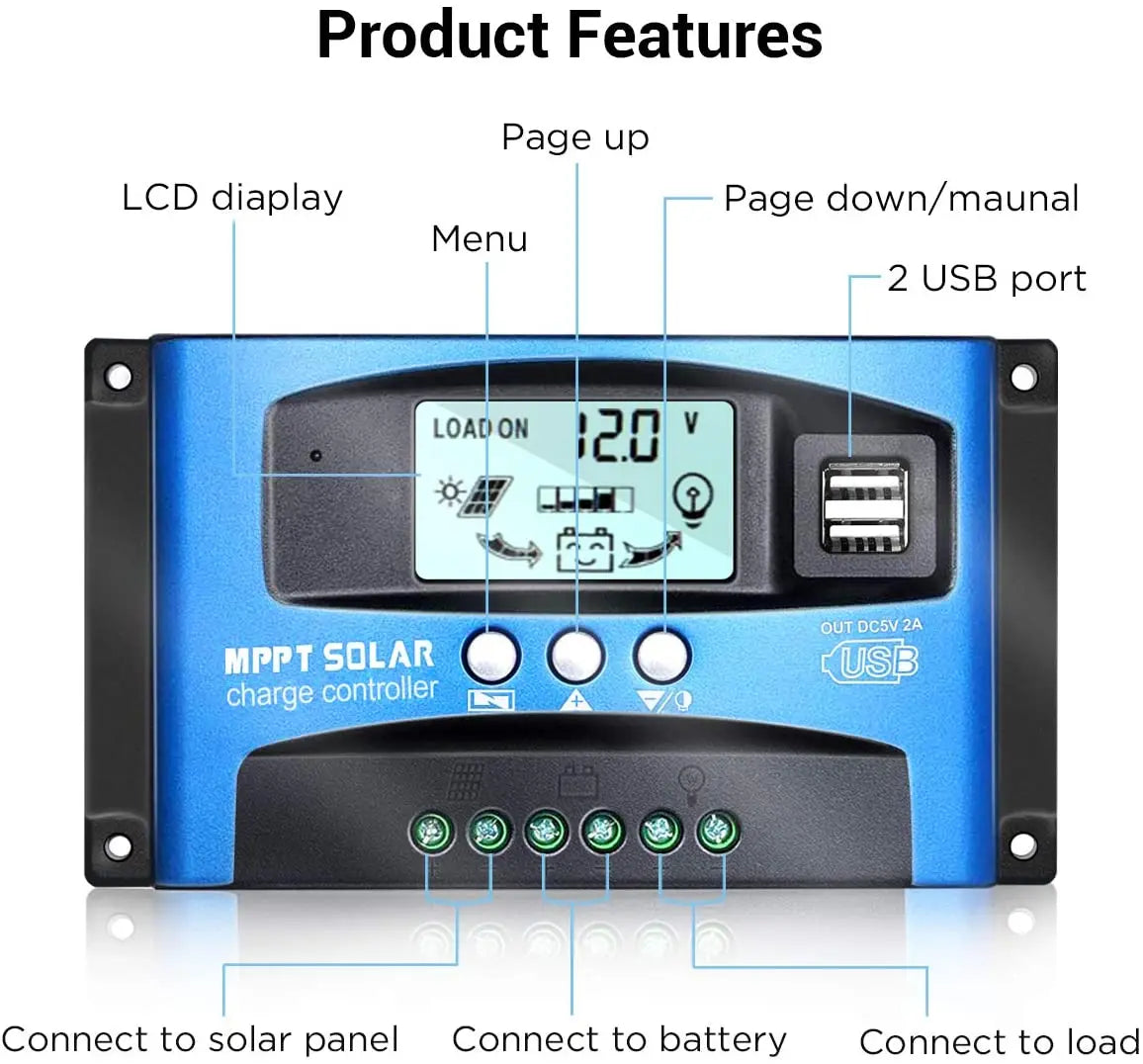 Blue solar charge controller with labeled features on a white background